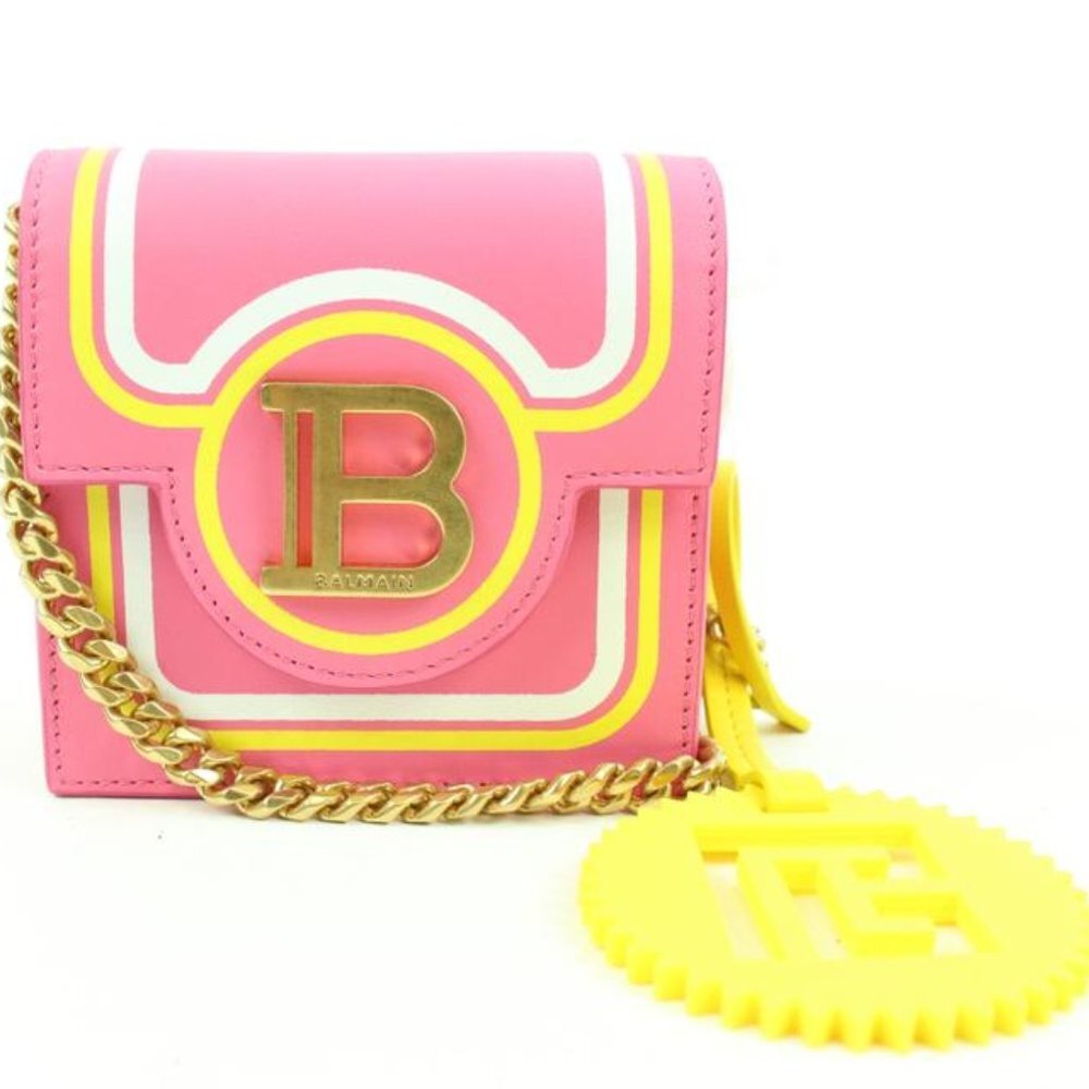 Balmain x Barbie Pink x Yellow Leather Mini Chain Crossbody Flap Bag S128BM38